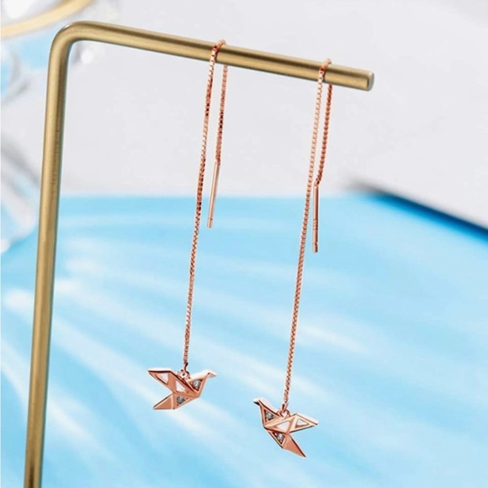 Origami Crane Bird Rose Gold Threader Earrings Delicate Long Chain Tassel - Picture 5 of 10